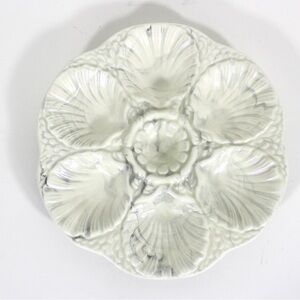 Vintage Oyster Plate Handmade Ceramic Marbled White and Black Glaze Holds Six